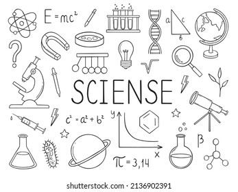 Set of Education and Science doodle. Formeln in Physik, Mathematik und Chemie, Laborausrüstung im Skizzenstil. Handgezeichnete Vektorgrafik.
