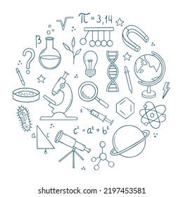Set of Education and Science doodle. Formulas in mathematics and chemistry, laboratory equipment in sketch style. Hand drawn vector illustration.