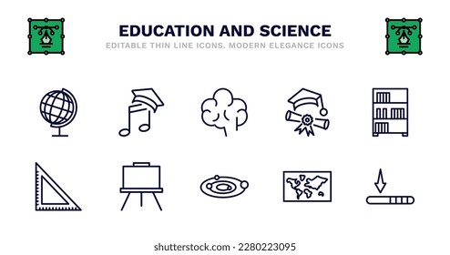 set of education and science thin line icons. education and science outline icons such as graduation's music, human brain, graduation pictures, bookshelf with books, square, square, canvas, solar