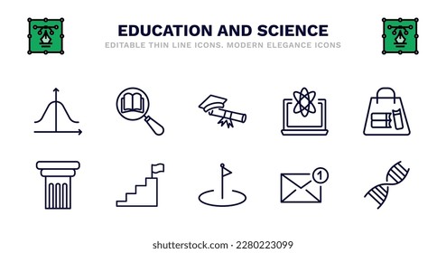 set of education and science thin line icons. education and science outline icons such as book and magnifying, graduating, educational platform, bag of books, greek pillar, greek pillar, steps to