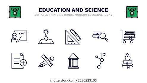 set of education and science thin line icons. education and science outline icons such as having an idea, measuring tools, research with books, cart with books, new document, new document, school