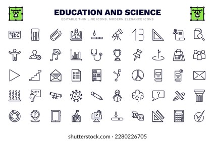 set of education and science thin line icons. education and science outline icons such as world map, paperclip, numbers, open arms, right triangle, halfway, abacus, atomic orbitals, check mark