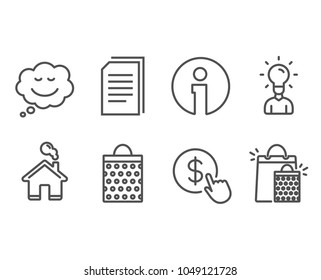 Set of Education, Shopping bag and Speech bubble icons. Buy currency, Copy files and Shopping bags signs. Human idea, Paper package, Comic chat. Money exchange, Copying documents, Sale marketing
