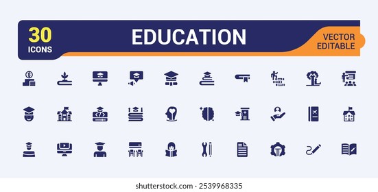 Conjunto de iconos sólidos de Educación. Incluye universidad sólida plana, beca, universidad, conocimiento, formación y más. Perfecto para logotipos e infografías. Icono de Vector editable e ilustración.