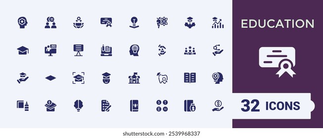 Conjunto de iconos sólidos de Educación. Incluye universidad sólida plana, beca, universidad, conocimiento, formación y más. Perfecto para logotipos e infografías. Icono de Vector editable e ilustración.