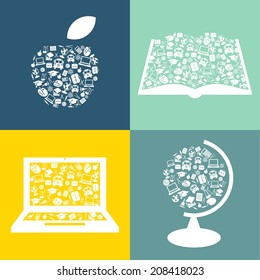 Set of education symbols. Simply shapes apple, book, laptop and globe with learning icons