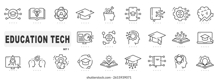 Set of education tech related line icons. Digital, online, smart, learning etc. Editable stroke