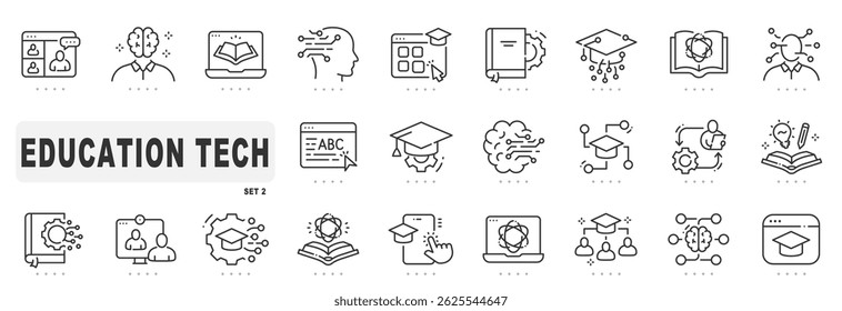 Conjunto de ícones de linha relacionados a tecnologia educacional. Digital, on-line, inteligente, aprendizagem etc. Traçado editável. Conjunto 2