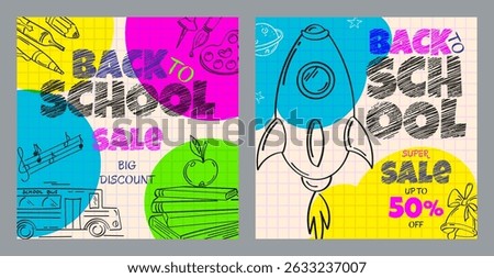 A set of education templates with sketch style elements. Pencil hatched text back to school. Discount coupon, sale leaflet, booklet.