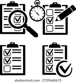 Definir teste educacional, Lista de verificação Definir ícones teste educacional com lápis, cronômetro, lupa, área de transferência com lista de verificação. teste online, conceito de auditoria. checklist concluído com sucesso. ilustração vetorial isolada