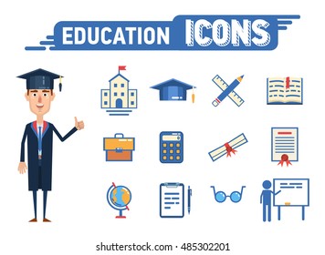 Set of education themed icons. University, graduation hat, book, ruler, calculator, bag, globe, diploma, whiteboard, book, paper holder, glasses. Vector illustration