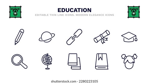 set of education thin line icons. education outline icons such as planet saturn, binding, diploma roll, graduate cap, magnification lens, magnification lens, classroom globe, library books, book