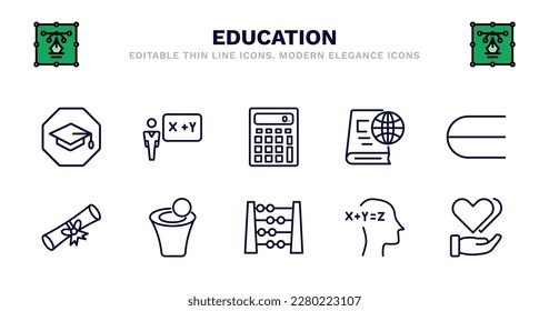 set of education thin line icons. education outline icons such as teacher giving lecture, school calculator, international studies, is an element of, graduation diploma, graduation diploma,
