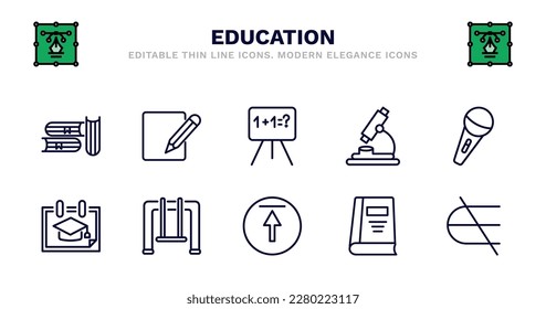 set of education thin line icons. education outline icons such as corrector, math class, biology microscope, microphone with stand, school calendar, school calendar, swinging, top, closed book with