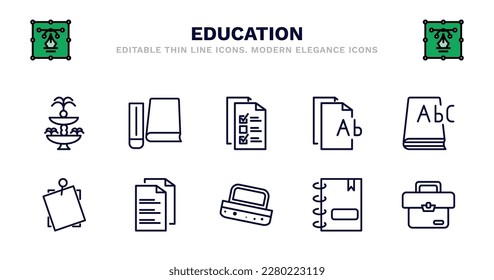 set of education thin line icons. education outline icons such as hardbound book, final test, various files, 3d dictionary, sticky note, sticky note, folded written paper, blackboard eraser, agenda