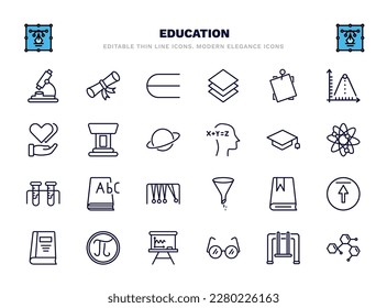 set of education thin line icons. education outline icons such as biology microscope, is an element of, sticky note, classroom tribune, graduation mortarboard, 3d dictionary, book with bookmark, pi,