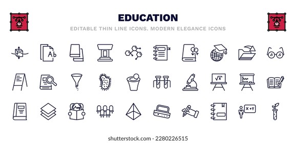 set of education thin line icons. education outline icons such as archimedes principle, library books, school agenda, studying glasses, chemistry funnel, chemical test tube, closed book with marker,