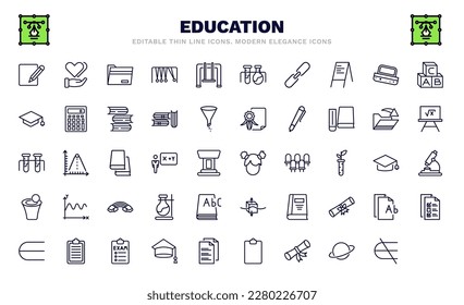 set of education thin line icons. education outline icons such as corrector, black folder, binding, graduation mortarboard, chemical test tube, kid, spacetime curvature, is an element of, is not an