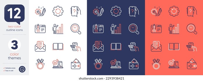 Set of Education, Time management and Ask question line icons. Include Book, Online chemistry, Start business icons. Graph chart, Engineering, Wallet web elements. Credit card. Vector