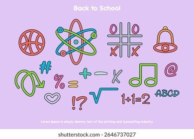 Set of education vector elements in colored hand drawn doodle style for back to school elements