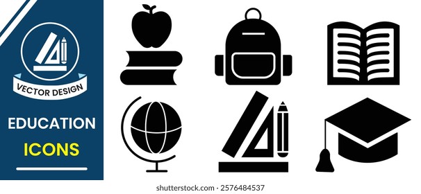 Set of education vector, icon. Silhouette of Education and Learning icons, vector set. School, university, textbook, editable learning education icons. Education line icon set. Vector illustration