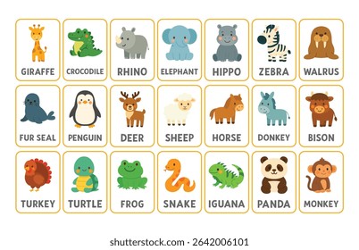Set of educational animal flashcards with labeled cartoon illustrations including giraffe, crocodile, rhino, elephant, seal, penguin, snake, turtle, and more. Flat learning materials for early