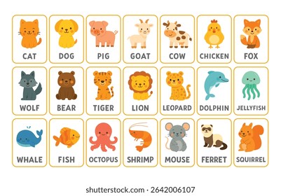 Set of educational animal flashcards with labeled cartoon illustrations of domestic, wild, sea, and forest animals including cat, dog, pig, goat, cow, chicken, and more. Flat learning materials for