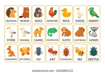 Set of educational animal flashcards with labeled cartoon illustrations including hedgehog, rooster, duck, camel, butterfly, ant, and more. Flat learning materials for children with wild, exotic, farm