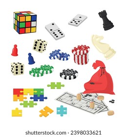 Juego de juegos de mesa educativos al estilo de las caricaturas. Ilustración vectorial de varios juegos de rompecabezas educativos y lógicos para adultos y niños: cubo de rubik, dominó, puzzles, ajedrez, loto, fichas de casino.