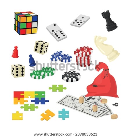 Set of educational board games in cartoon style. Vector illustration of various educational, logical puzzle games for adults and children: rubik's cube, dominoes, puzzles, chess, lotto, casino chips.