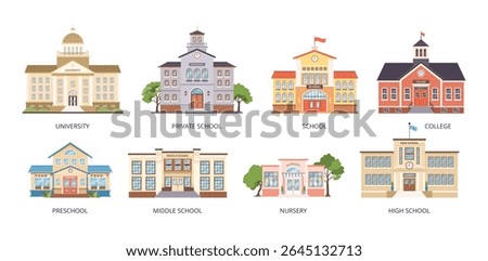 Set of educational building icons in flat style. Isolated clip art on white background for education themes or Back to School concept. Front view. University, school, nursery, preschool, college.