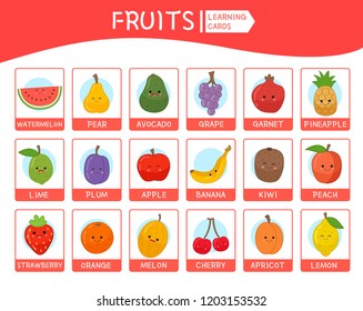 A set of educational cards for children. Fruits. Cute cartoon vegetables with titles. Material for games.
