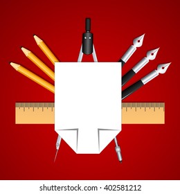 Set of educational decoration tools. Sheets of paper, pencils, pens, ruler and compass. Designed as heraldry for students and teachers. Education and creativity. Vector Image.