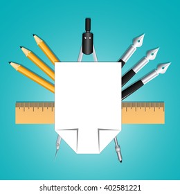 Set of educational decoration tools. Sheets of paper, pencils, pens, ruler and compass. Designed as heraldry for students and teachers. Education and creativity. Vector Image.