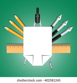 Set of educational decoration tools. Sheets of paper, pencils, pens, ruler and compass. Designed as heraldry for students and teachers. Education and creativity. Vector Image.