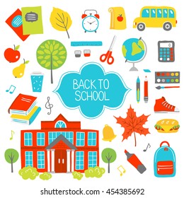 Set of educational design elements. Back to school. Notepad, leaves, alarm clock, bus, apple, pear, tree, scissors, paints, backpack, marker, book, ruler, music, pen, pencil, globe, calculator, ink