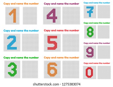 Set educational game for attention for children of kindergarten and preschool age. Repeat the picture. Copy and name the number. Color by example. 