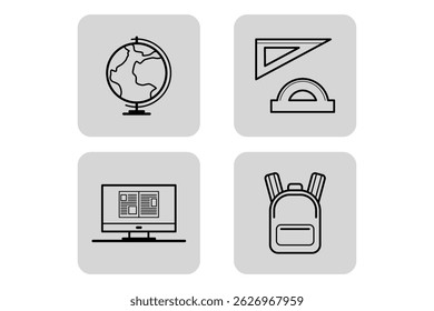 Set of educational icons displaying globe, drafting tools, computer with screen, and backpack. Learning and teaching concept