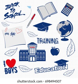 Set of educational icons drawn on a piece of paper.