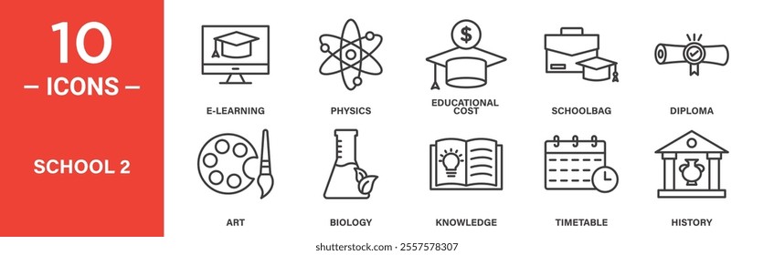 A set of educational icons featuring e-learning, physics, costs, school supplies, diplomas, art, biology, knowledge, timetables, and history-related symbols.