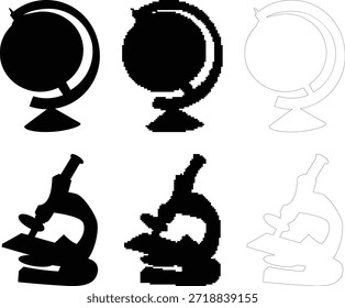 Set of educational icons featuring globe and microscope showcasing important tools for learning geography and biology in a simple clean design effectively illustrating key concepts