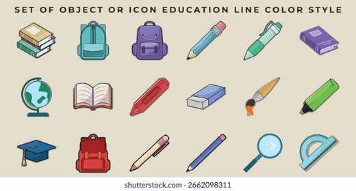 Set of educational icons and objects vector illustration template graphic design. bundle collection of various School Supplies for learning concept with beautiful cartoon style