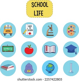 Set of educational icons school bus, paper with pencil, microscope, blackboard, open book, graduation cap, books, globe, chemistry set, red apple, painting set