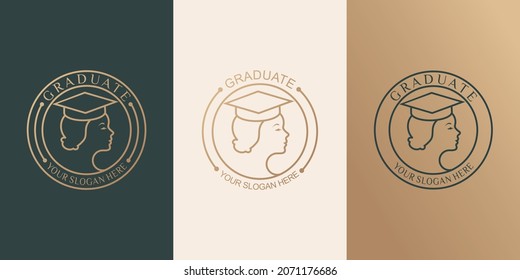 set of educational logo designs and beautiful woman graduating from university in vintage style. Vector Design Template