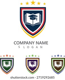 Um conjunto de logotipos educacionais com tampas de graduação e escudos em várias cores, perfeito para universidades, faculdades e escolas. Cada logotipo é projetado para representar a excelência acadêmica e realizações.