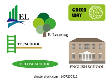Set of educational logos. Simple graphic symbols of education. School, tree, diagram, other design elements. Template for web sites, cards, brand identity.