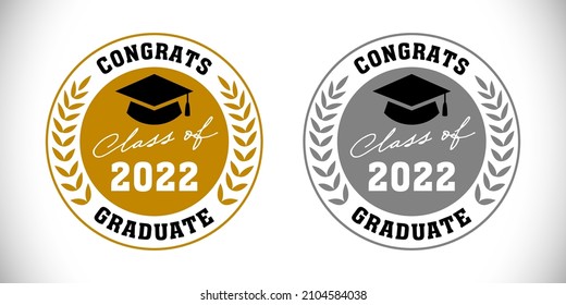 Set of educational medals. Class of 2022 off. Awards of year. 1st and 2nd place achivement stamp. Round palm wreath elements. First, second places winner. Isolated abstract graphic design template.