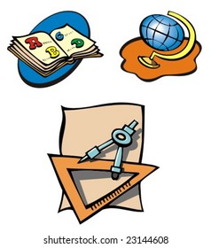 Set of educational objects, book, globe and compass, cartoon, vector illustration