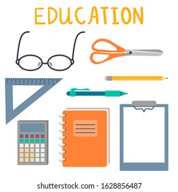 Set of educational objects in a flat style. Glasses, triangle ruler, pen, pencil, calculator, notebook, clip for paper, scissors isolated on white background. Vector illustration. 