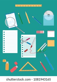 Set of educational objects - pieces of paper in the cage and in line, drive, pen, pen, pencil, ruler, triangle - flat style - vector art